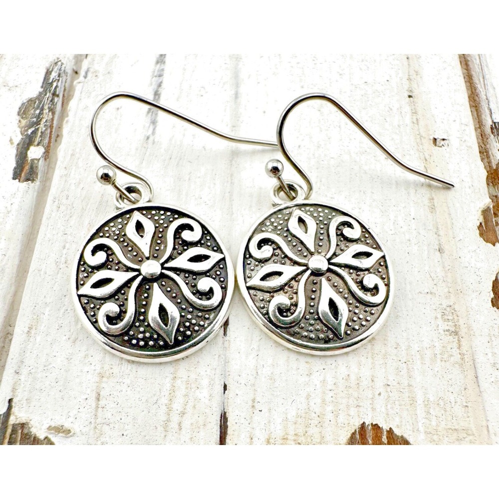 Engraved Folk Art Earrings Round Silver Tone NEW